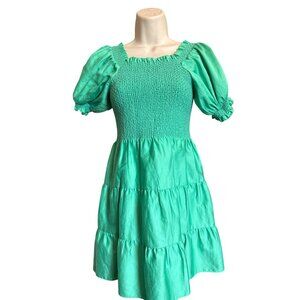 Alice + Olivia Green Smocked Puff Sleeve Mini Dress Size 2 Cotton Cottage Core